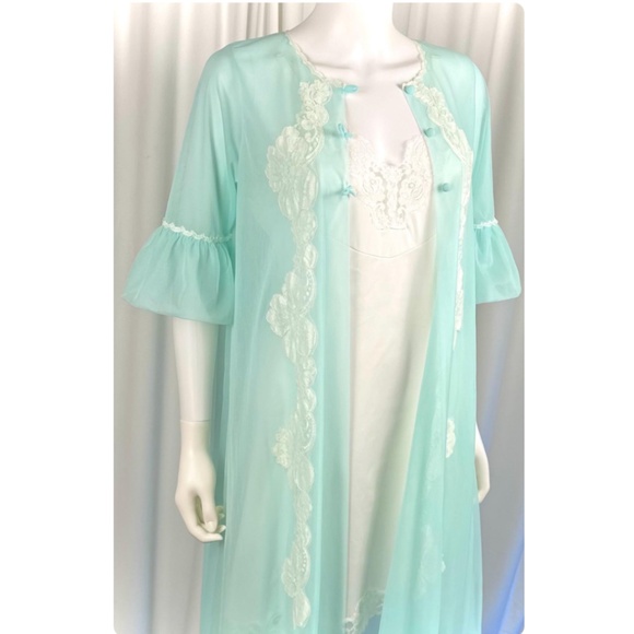 Vintage 50’s 60’s Slumber Suzy Nylon Long Bed Jacket - Robe - Mint Green - Lace - Picture 2 of 10